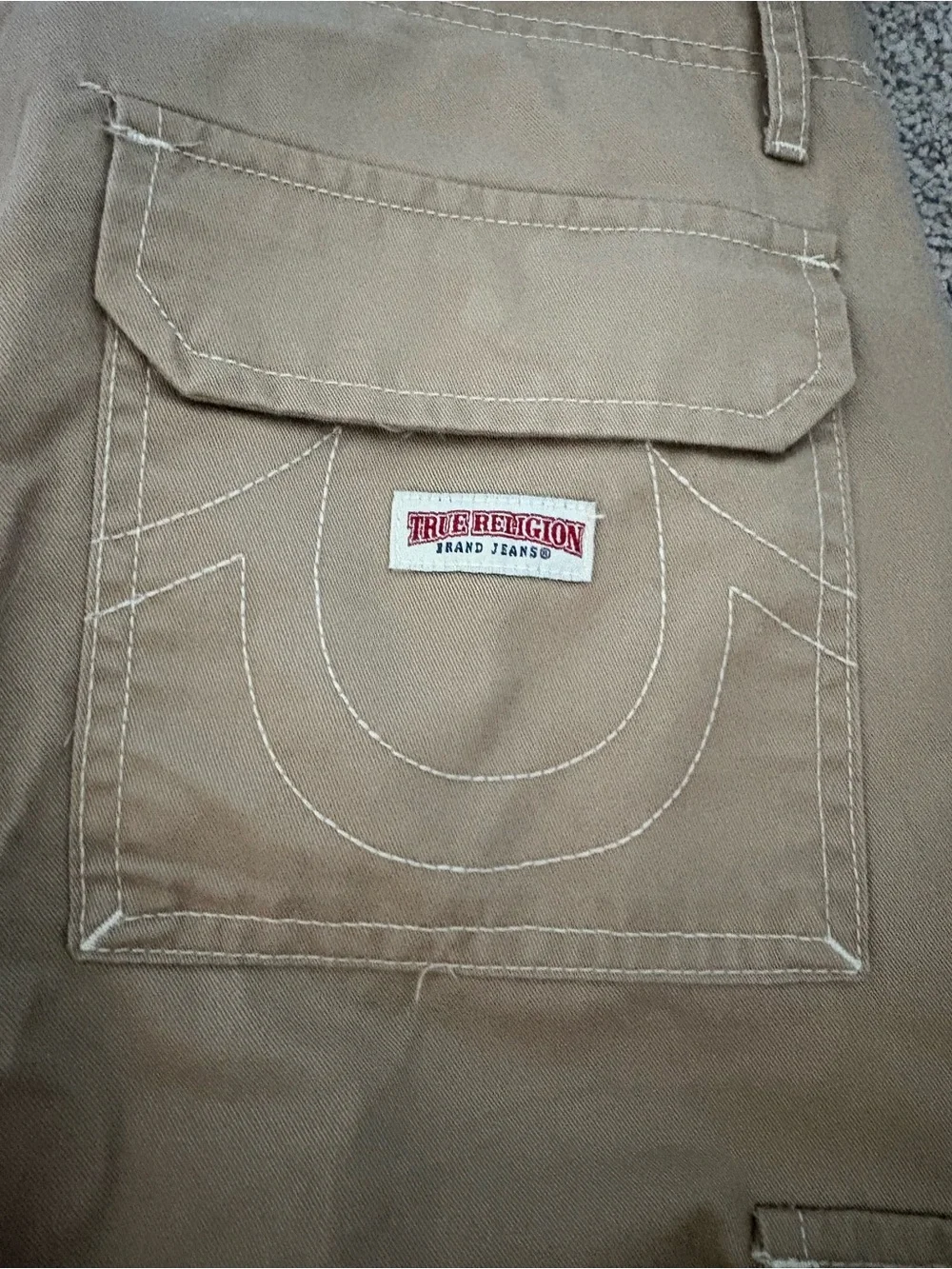 True Religion Men’s Beige Canvas Cargo Pants 34 Regular Straight Flat Front